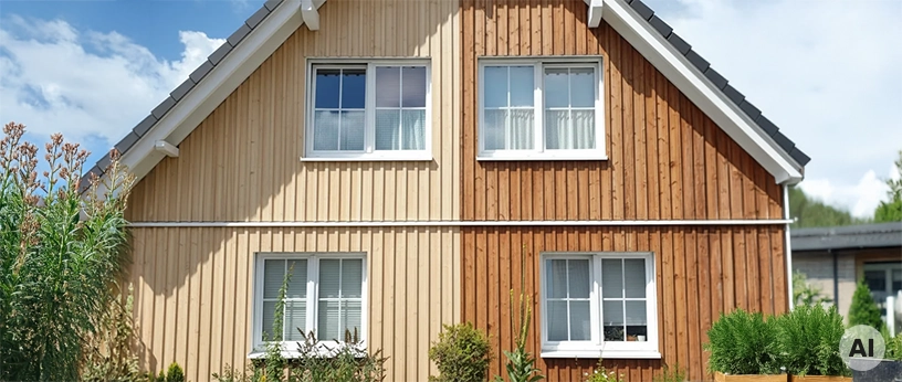Einfamilienhaus mit senkrechter Holzfassade aus Fichte und Lärche, links unbehandelt hell, rechts natürlich gealtert dunkler.