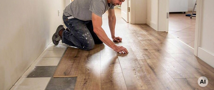 Handwerker verlegt Vinylboden in Holzoptik über vorhandenen Fliesen im Flur.