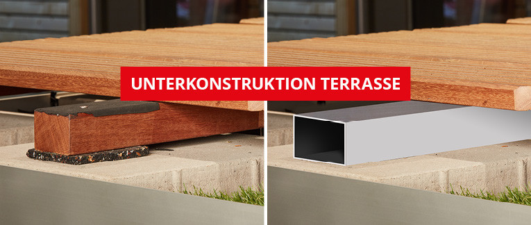 Vergleich von Terrassen-Unterkonstruktionen: Links Holz, rechts Aluminium, jeweils mit Holzdielen belegt. Roter Banner mit der Aufschrift „UNTERKONSTRUKTION TERRASSE“.